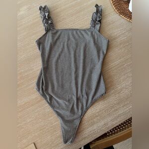 Women’s Elodie Black and White Striped Bodysuit with Ruffled Straps M